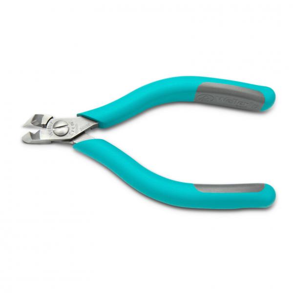 The image shows a pair of cutting pliers with ergonomic, turquoise handles and a silver metal head. They are suitable for cutting wire or small objects.