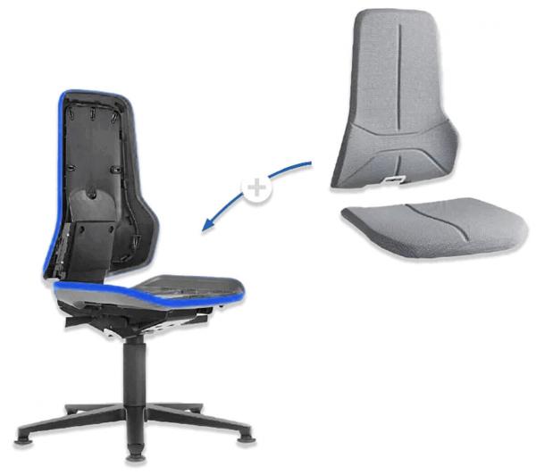 The image shows an office chair with a detachable backrest and seat. The chair has black legs and a blue border. The detachable parts are depicted next to the chair.
