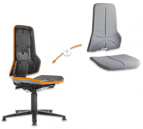 The image shows an office chair with a removable back and seat cushion. The chair has a black base with five casters and an orange frame.