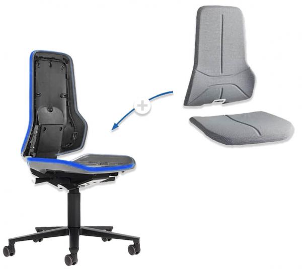 The image shows an office chair with detachable back and seat cushions. The chair has a black base on wheels and a blue border. The cushions are gray and ergonomically shaped.