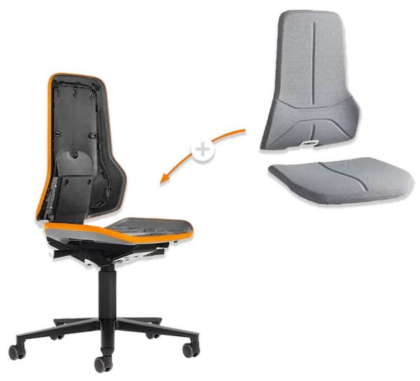 The image shows an office chair with an ergonomic design. The chair has a gray seat and a backrest with an orange border. Next to it are two removable cushions.