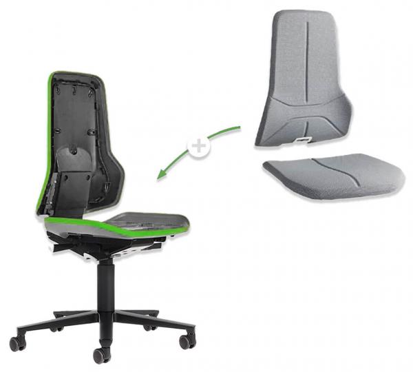 The image shows an office chair with a detachable backrest and seat. The chair has a black base and green accents. The back parts are gray and padded.