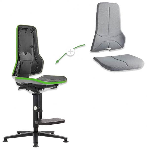 The image shows an adjustable office chair in black with green accents. Next to the chair, a removable backrest and a gray seat cushion are depicted.