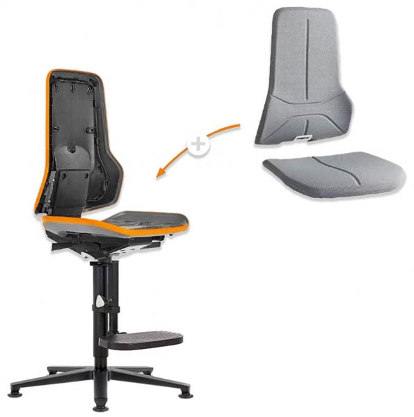 The image shows a modern office chair with a black frame and orange accents. The backrest and seat are removable and in light gray.