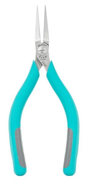 The image shows a pair of pliers with long, narrow tips. The handles are turquoise with gray rubber elements for better grip. The material is metallic and shiny.