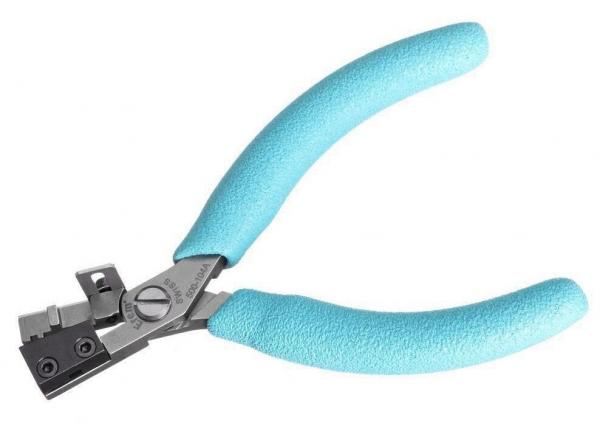 The image shows a pair of pliers with metallic handles and attractive blue rubber grips. The pliers have a special design intended for precise work.