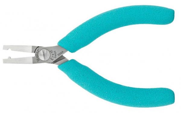 The image shows a small pair of pliers with narrow, straight metal jaws. The handles are in a light turquoise color and have a rubber-like texture. The pliers are suitable for precise tasks.