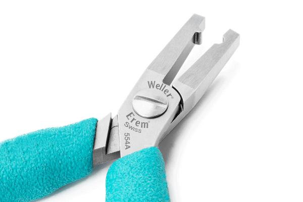 The image shows a pair of pliers with narrow jaws, used for gripping and manipulating small objects. The handles are light blue and non-slip. It is made of shiny metal.