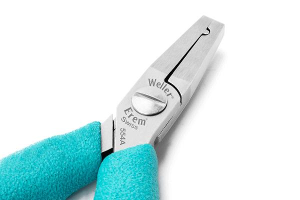 The image displays a precise pair of pliers made from shiny metal with a narrow tip. The handles are encased in a light blue. The metal reads "Weller Erem Swiss 554A".
