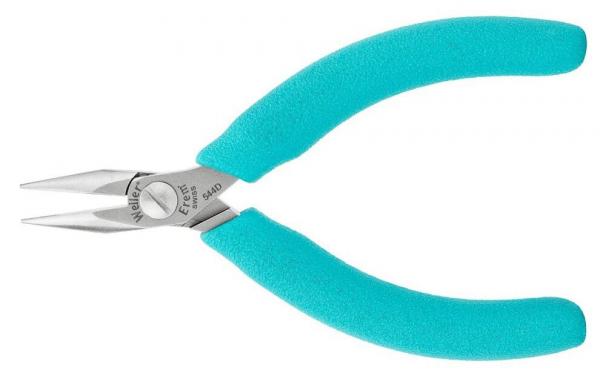 The image shows a pointed pair of pliers with long, narrow jaws made of shiny metal. The handles are in a light turquoise shade and have a non-slip surface.