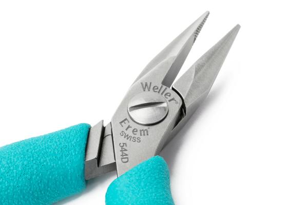 The image shows a pair of pliers with narrow, pointed jaws made of shiny metal. The handle is in a striking turquoise, and the pliers are stamped with the brand "Weller Erem 544D".