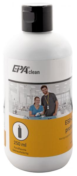 The bottle has a white body with a black lid. It reads "EPA clean". The lower part is orange with the label "250 ml". In the background, there are two people in a lab.