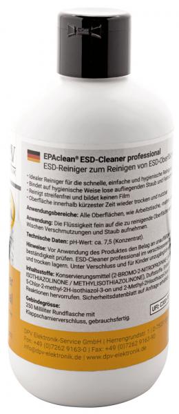 The image displays a bottle with a white, round body and a black lid. The label is marked with information about an ESD cleaner, including usage instructions and ingredients.