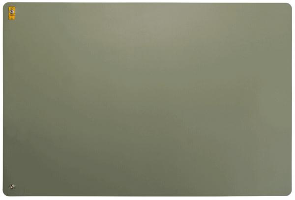 The image shows a rectangular area in matte olive green. The surface appears smooth and solid-colored, without any discernible patterns or textures. A small sticker is located in the upper left corner.