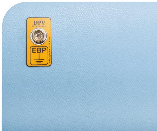 The image shows a blue-gray surface with a rounded corner. Attached to the surface is a small, yellow sign with a metal socket and the inscriptions "DPV" and "EBP".