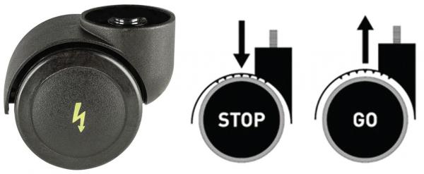 Das Bild zeigt eine schwarze Steuerungseinheit mit einem Blitzsymbol. Daneben befinden sich zwei Symbole: ein Stoppschild mit Pfeil nach unten und ein Go-Schild mit Pfeil nach oben.