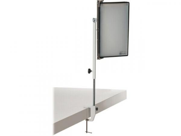 The image shows a desk mount for a display. The mount is made of metal and consists of a vertical arm attached to the edge of a desk. The display is positioned vertically.