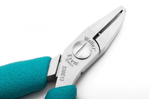The image shows a pointed pair of pliers with a metallic head and turquoise handles. The edges are sharp and narrow, ideal for gripping and cutting.