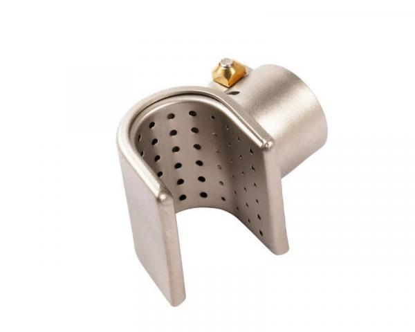 The image shows a silver, curved metal object with holes. It has an open side and a connector for additional attachment or connection.