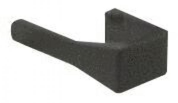 The image shows a black, rectangular object with a protruding, short rod. It has an L-shaped contour that resembles a hook or bracket.