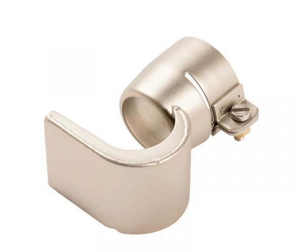 Das Bild zeigt ein silbernes Metallteil mit einem U-förmigen Haken. Es hat einen runden Stift zum Befestigen und eine flache, rechteckige Grundfläche. Es wirkt robust und funktional.