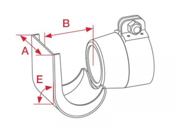 Das Bild zeigt eine technische Zeichnung eines Bauteils mit einem U-förmigen Halter. Es sind Maße (A, B, E) eingezeichnet, die verschiedene Abstände und Durchmesser angeben. Die Konstruktion ist stabil und kombiniert eine runde und eine flache Form.