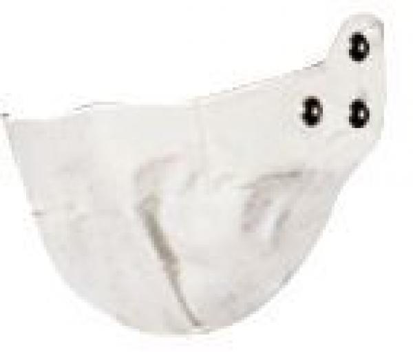 The image shows a white, semicircular mask with two black buttons on top, which look like eyes. The mask has a simple, smooth surface.