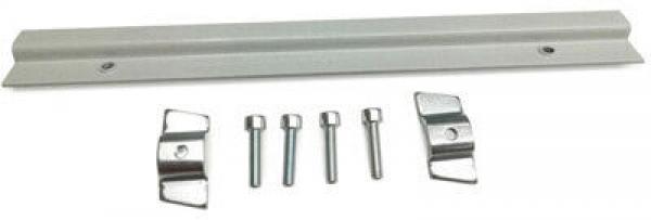The image shows a flat, silver metal strip with two end pieces. It includes four screws. The parts are arranged on a white background.