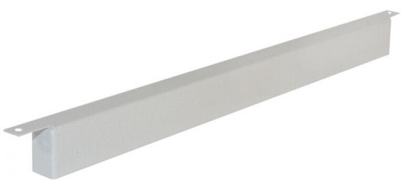 The image displays an elongated, flat metal part in light gray. It has a mounting tab at each end. The surface is smooth and unobtrusive.