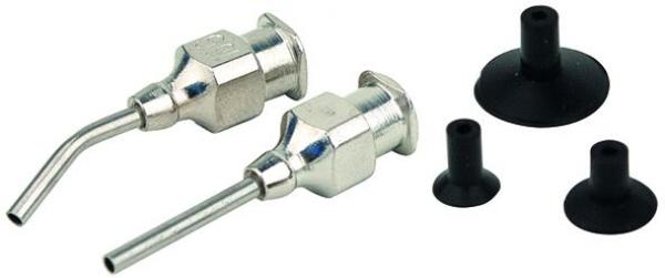 The image shows two metallic spray nozzles with a curved end as well as two black rubber stoppers. The nozzles have a smooth, shiny surface. The valves are functionally designed.