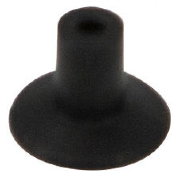 The image shows a black, funnel-shaped rubber stopper. The surface is smooth, with a wide, flat rim and a narrower, upright part in the center.