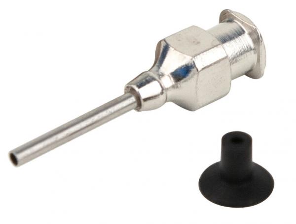 The image displays a silver metal syringe adapter with a long, thin outlet. Next to it is a black, rubberized end, likely serving as a cap.