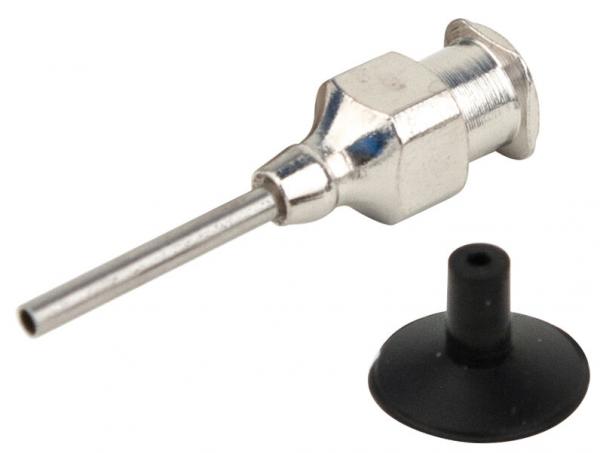 The image shows a metal tip with a long, thin tube and a wide, flat base. Next to it is a black, rubberized attachment that has an opening in the middle.