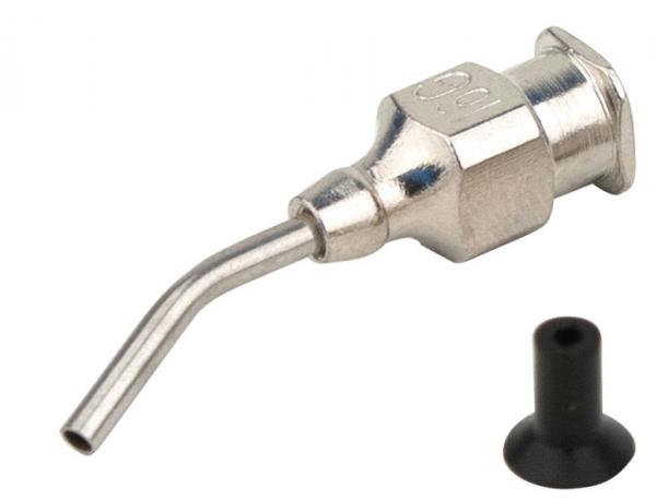 The image shows a small metal nozzle with a long, curved end that looks like a small tube. Next to it is a black, rubberized part. Both objects are possibly intended for precision work.