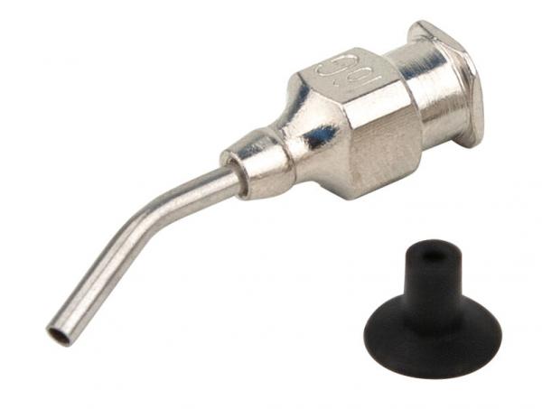 The image shows a metallic spray nozzle with a curved, narrow tube and a hexagonal base. Next to it lies a small black rubber attachment.