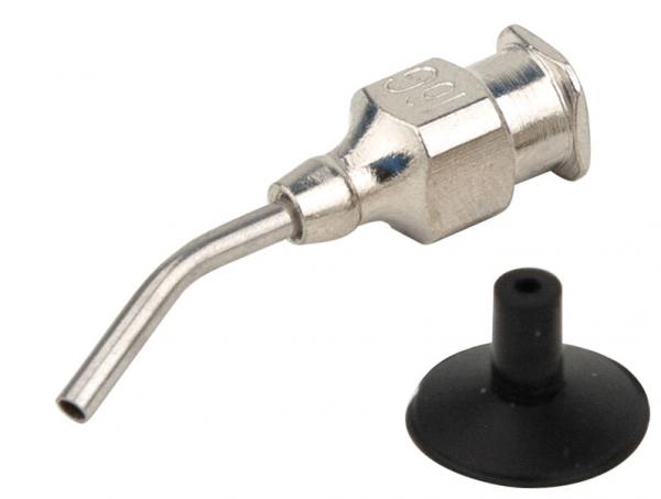 The image shows a silver, metallic part with a curved tube that is wider on one side. Next to it is a black, round piece made of rubber or plastic.