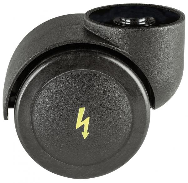The image shows a black axle with a round tire. On the surface, there is a yellow lightning bolt symbol. The wheel has a smooth, slightly curved shape and a small container.