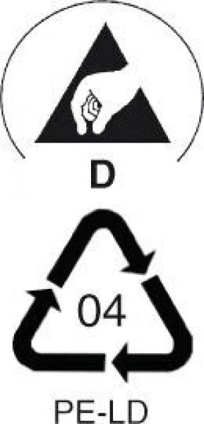 Das Bild zeigt zwei Symbole: Oben ein Handzeichen in einem Dreieck mit dem Buchstaben "D". Unten ein Recycling-Symbol mit der Zahl "04" und "PE-LD" (Polyethylen niedriger Dichte).