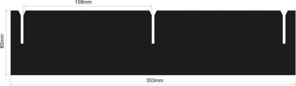 Das Bild zeigt eine schwarz-weiße technische Zeichnung eines Objekts mit spezifischen Maßen: Breite 365 mm, Höhe 80 mm und zwei Aussparungen.