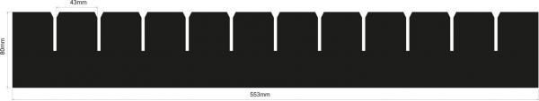 The image shows a black horizontal surface with evenly distributed rectangular cutouts. There are labels at the top and bottom. It conveys a structure with regular patterns.