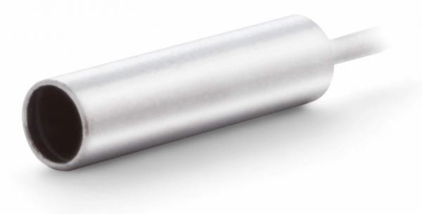 The image shows a silver, cylindrical metal body with one open end. A thin wire extends from the other end. The surface is smooth and shiny.