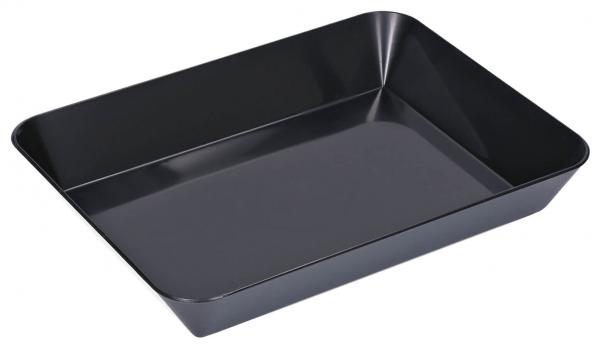 Das Bild zeigt eine rechteckige, flache Schale aus schwarzem Material. Sie hat leicht abgerundete Ecken und einen erhöhten Rand. Die Oberfläche ist glatt und glänzend.