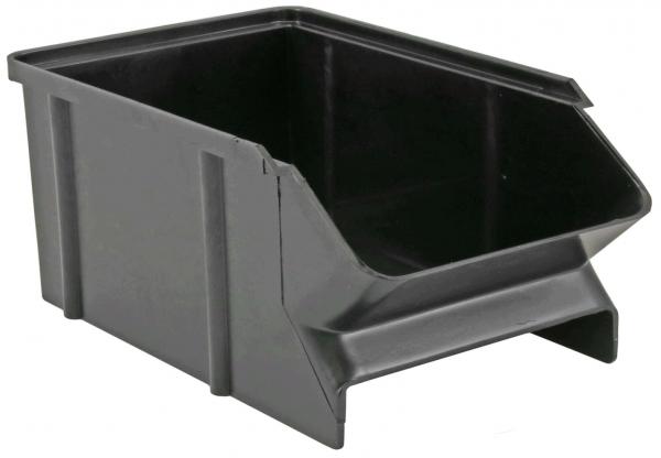 Es handelt sich um eine schwarze, rechteckige Kunststoffbox mit einer schrägen Vorderseite und einer offenen Oberseite. Sie hat gerade Seitenwände und einen stabilen Boden.