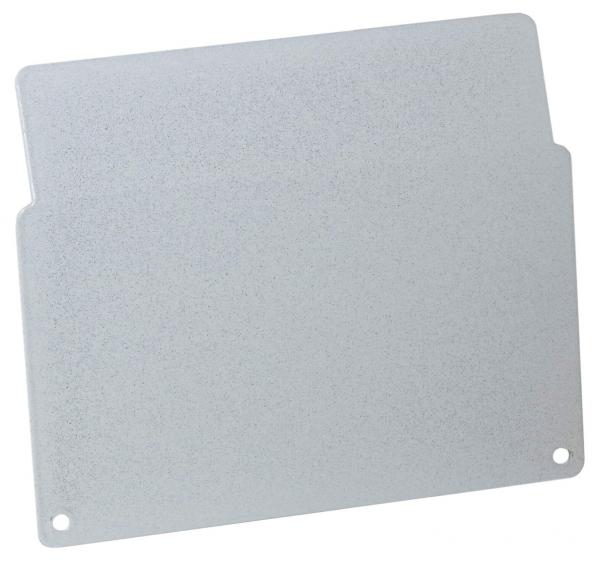 Das Bild zeigt eine rechteckige, glatte Platte aus leichtem Material in einem hellen, schimmernden Grauton. Eine der oberen Ecken ist abgerundet, und an einer Seite befindet sich ein kleines Loch.