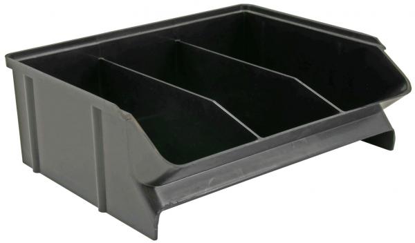 The image shows a dark gray, rectangular plastic container with three compartments. The front is slightly tilted for easy access to the contents.