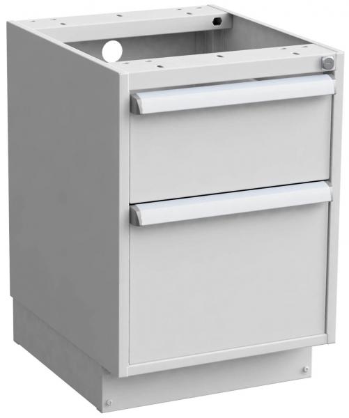 The image shows a white kitchen base cabinet without doors. It has two drawers with long, silver handles and is rectangular with an open top surface.