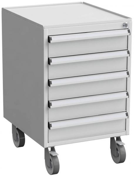 The image shows a gray rolling cabinet with five drawers. It has a smooth top surface and four wheels at the bottom, which make it easy to move.
