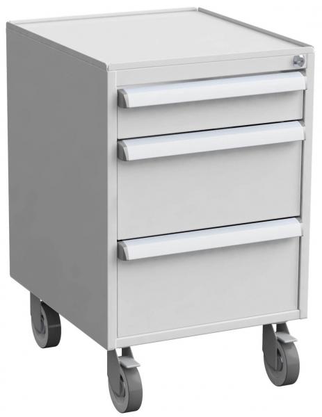 The office container is square and has a smooth, gray surface. It stands on rollers and has three drawers with metallic handles. Ideal for storage in the office.