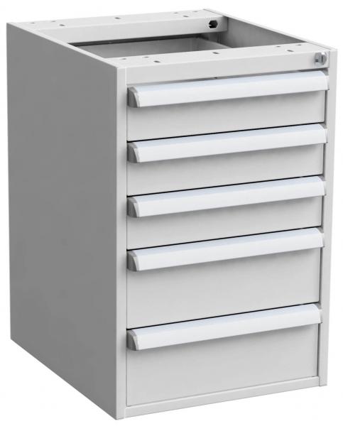 The image shows a gray cabinet with six drawers. It has a square shape and an open top. The drawers are arranged horizontally and have grippy, slim handles.