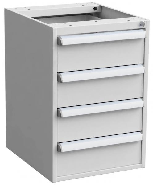 Das Bild zeigt einen modernen, grauen Schubladenschrank mit vier horizontalen Schubladen und glatten, silbernen Griffen. Der Schrank hat eine offene Oberseite.